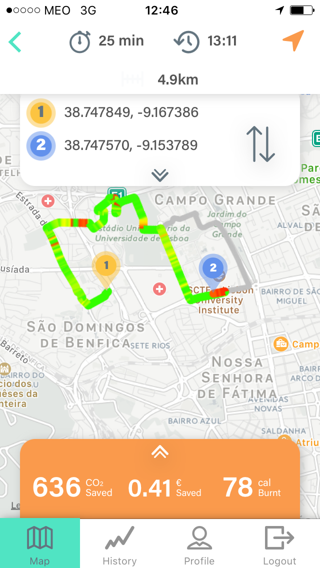 Screenshot of Lisboa Horizontal app to show the route between StudentVille Studios student accommodation and ISCTE university which takes 25 minutes