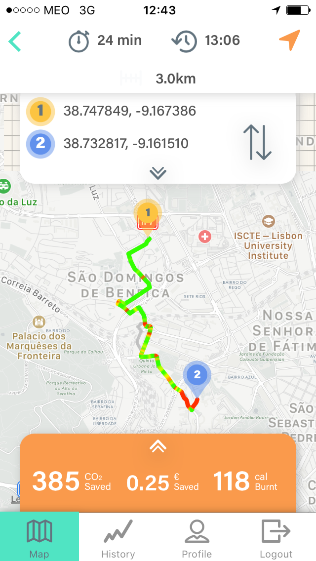 Screenshot of Lisboa Horizontal app to show the route between StudentVille Studios student accommodation and Nova university which takes 24 minutes