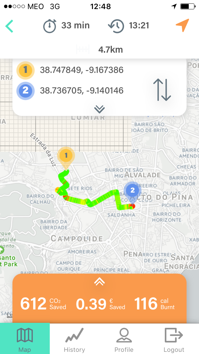 Screenshot of Lisboa Horizontal app to show the route between StudentVille Studios student accommodation and Instituto Superior Técnico which takes 33 minutes